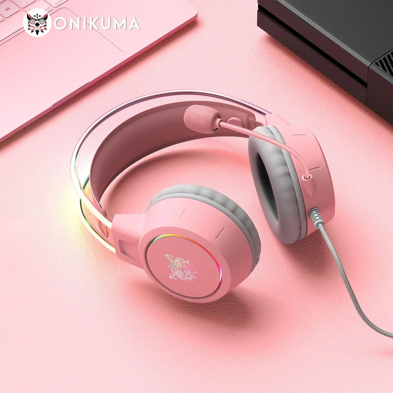 ONIKUMA Gaming Headphones Esports Package with Dynamic RGB Light Detachable Cat Ears Mouse Holder Wired Headset with Mic Gamer