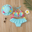 3Pcs Girls Bikini Sets Baby Swimwear Halter Flower Bra + Ruffle Skirt + Sun Caps Toddler Bathing Suit Infant Beachwear 0-24M
