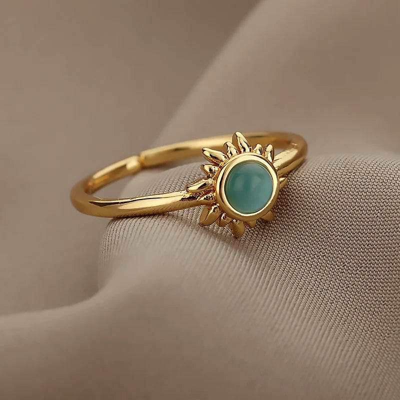 Stainless Steel Opal Stone Sun Rings For Women Men Star Wedding Couple Rings Aesthetic Finger Summer Jewelry Accessories Gift
