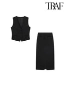 TRAF 2023 Summer Women Sets Fashion Single Breasted Vest Tops + High Waist Midi Long Skirts Casual Commute Slim 2 Pieces Sets
