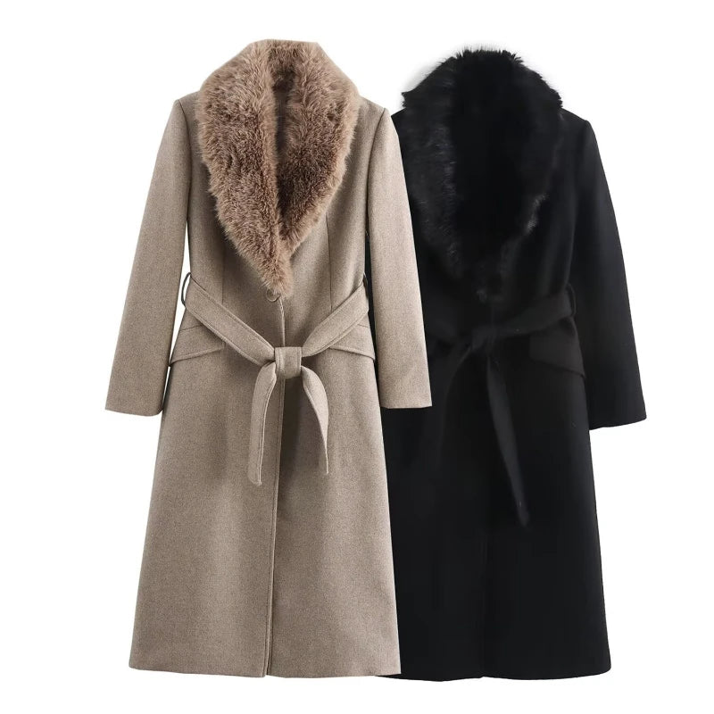 ZBZA Women's Warm Faux Fur Thick Coat Lace-up Fur Collar Long Sleeve Single Breasted Back Slit Solid Outercoat Winter Trenchcoat