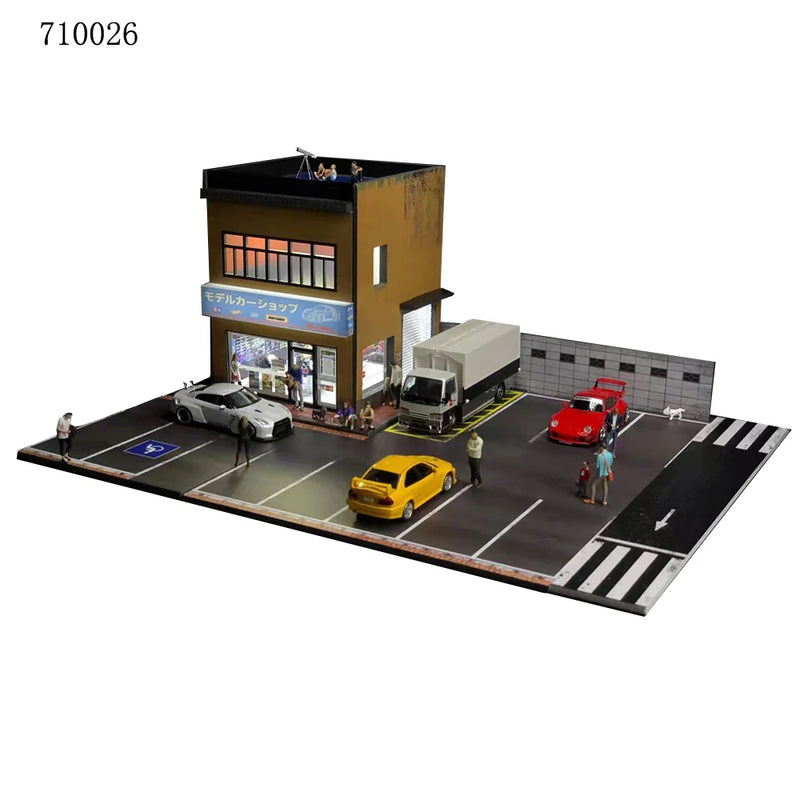 G FANS Diorama 1/64 Car Garage Model LED Lighting City Street View Building Backdrop Display Scene Model Car Parking Lot Scenery