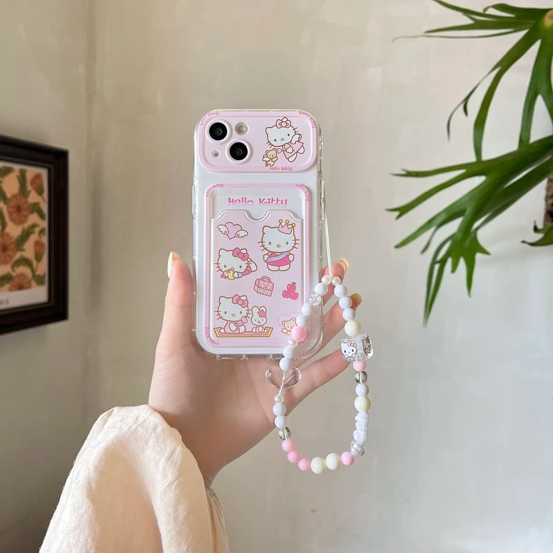 Cute Cartoon Sanrio Hello Kitty Card Holder Pocket Phone Case For iPhone 15 14 13 12 11 Pro Max Lens protection Soft TPU Cover