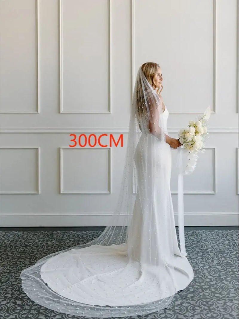 V05 Classic Pearls Bridal Veils with Comb Wedding Veil Cathedral Length Single Tier Raw Edge Beauty Bride Wedding Accessories