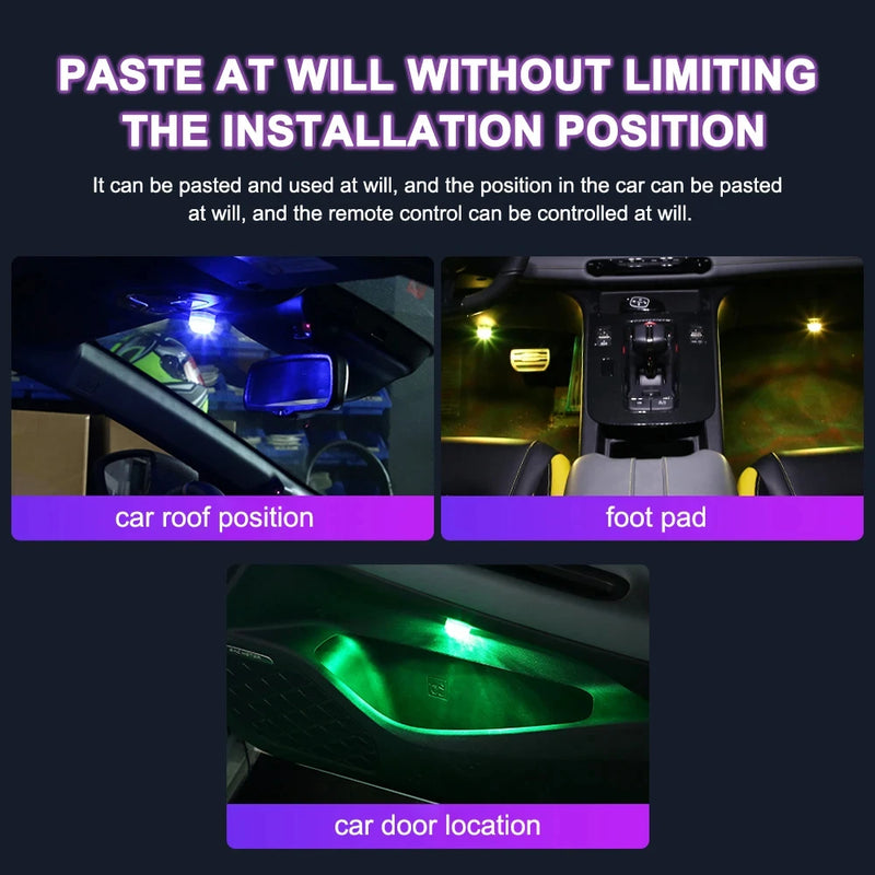 Wireless Adhesive LED Car Interior Ambient Light Remote Control Decoration Auto Roof Foot Atmosphere Lamp with Battery Colorful