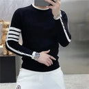 Vier-Streifen-Spleiß-gestreifter schwarzer Strickpullover für Herren, schmal geschnittenes Basic-Shirt, Ins Trendy