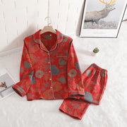 Floral Printed Cotton Women's Pajamas Suit for Spring and Autumn Jacquard Long Sleeved Large Size Home Women Sleepwear Set
