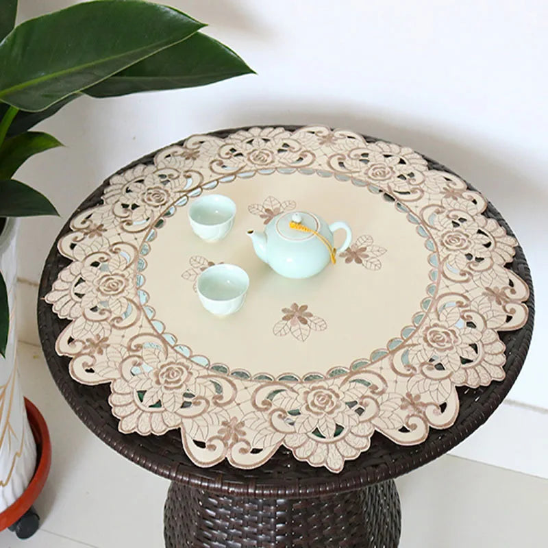 Luxury round satin rose flower Embroidered table cover cloth kitchen Christmas coffee tea tablecloth wedding party home decor