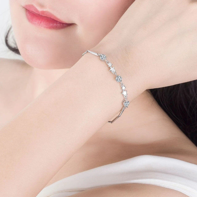 New arrive 925 Sterling Silver pretty Star Pink Crystal Bracelets for Women Fashion Jewelry Wedding Engagement Christmas Gifts