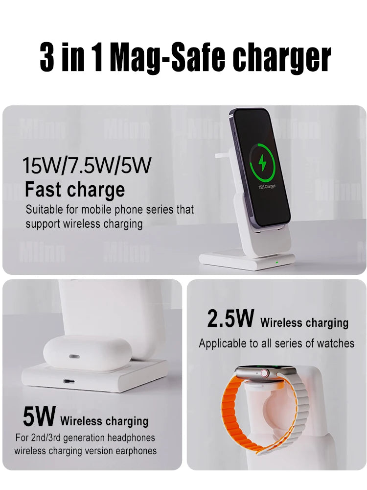MagSafe 3 in 1 Magnetic Wireless Power Bank 15W Fast Charger Station External Auxiliary Battery For iPhone 14 13 12 Apple Watch