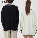 GONTHWID Bär Patchwork Gestreifte Strickpullover Streetwear Hip Hop Harajuku Lässige Pullover Strickwaren Herren Mode Oberteile