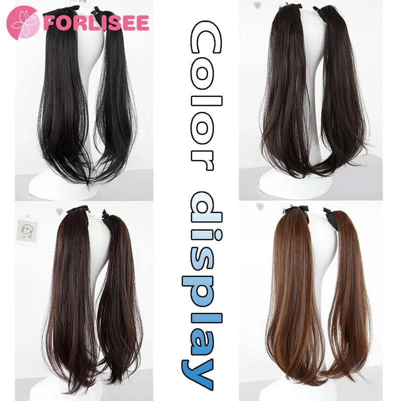 Synthetic Long Hair And Dropped Ear Rabbit Style Double Horsetail Girl Fluffy And Binding Hair Wig Piece Double Horsetail