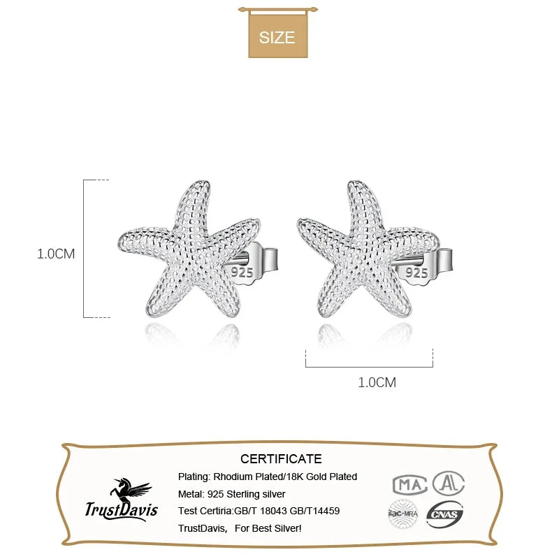 TrustDavis 100% 925 Sterling Silver Star Starfish Stud Earrings Women's Fashion Jewelry 925 Factory Wholesale Lots DS495