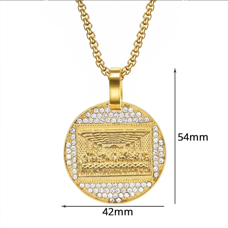 Stainless Steel Last Supper Pendant Gold Color Iced Out Bling Zircon Round Necklace For Men Father's Day Gift Hip Hop Jewelry