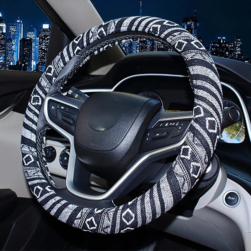 Car Steering Wheel Cover 38cm Universal Elastic National Wind Linen Car Steering Wheel Cover Breathable Non-slip Car Accessories