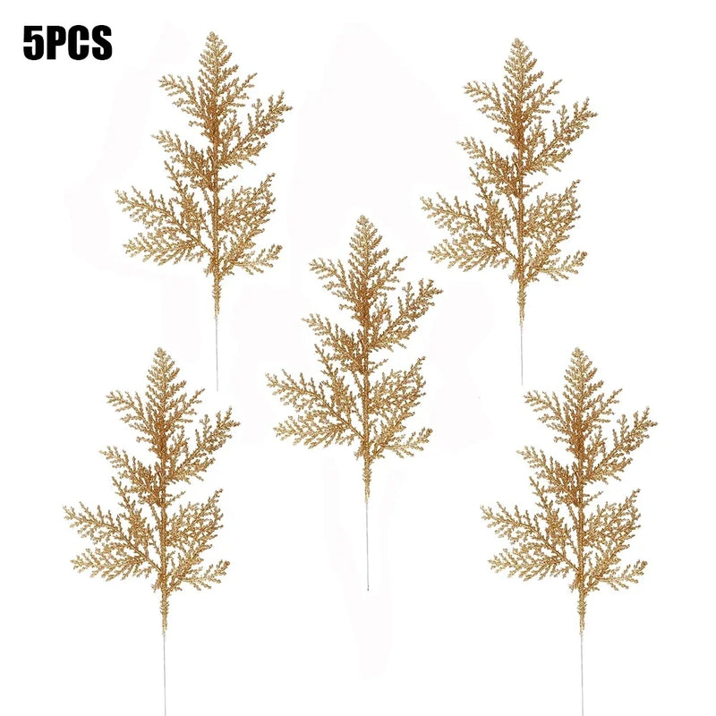 10/5Pcs Artificial Plants Pine Branches Christmas Glitter Gold Leaves Xmas Tree Decoration Pendant Christmas Home Decoration