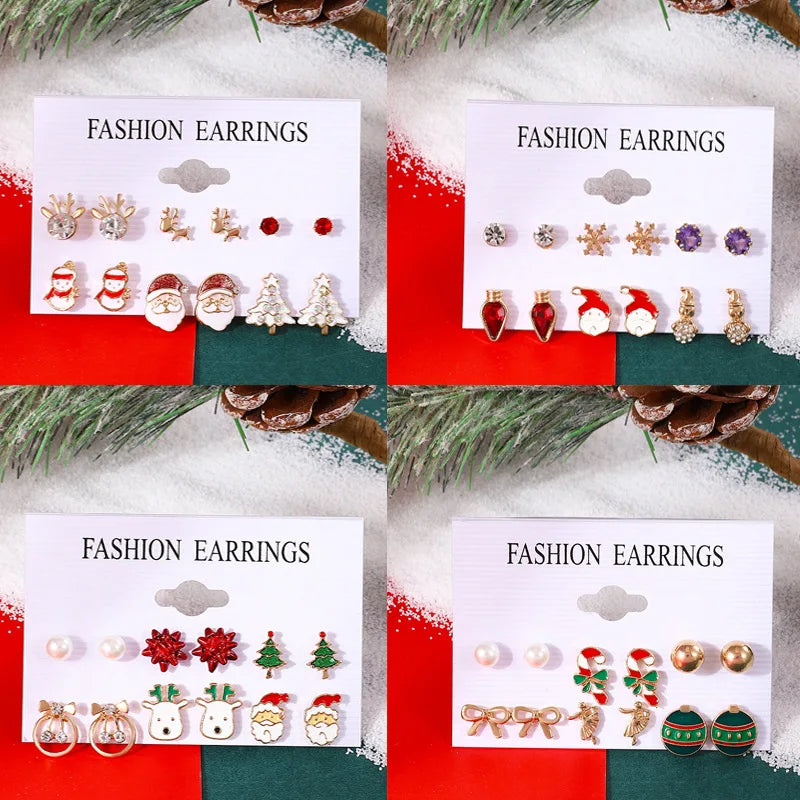 6 pairs Christmas Earrings Xmas Tree Brown Elk Snowman Santa Claus Cute Christmas Stud Earrings Christmas Gifts For Women Girls