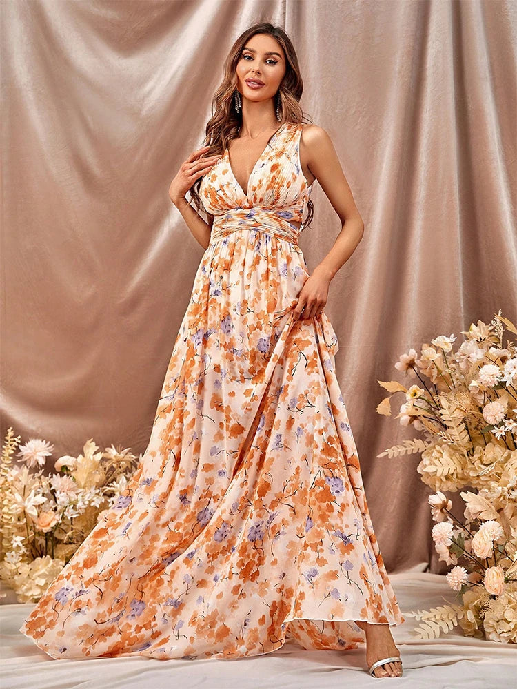 TOLEEN Women Floor-Length Dresses Women's sleeveless chiffon print ball dress V-neck elegant backless dress Formal party dress