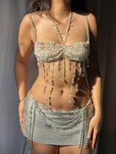 Sexy y2k clothes metal rhinestone corset crop top women summer nightclub party tops for woman see through beach halter tank top