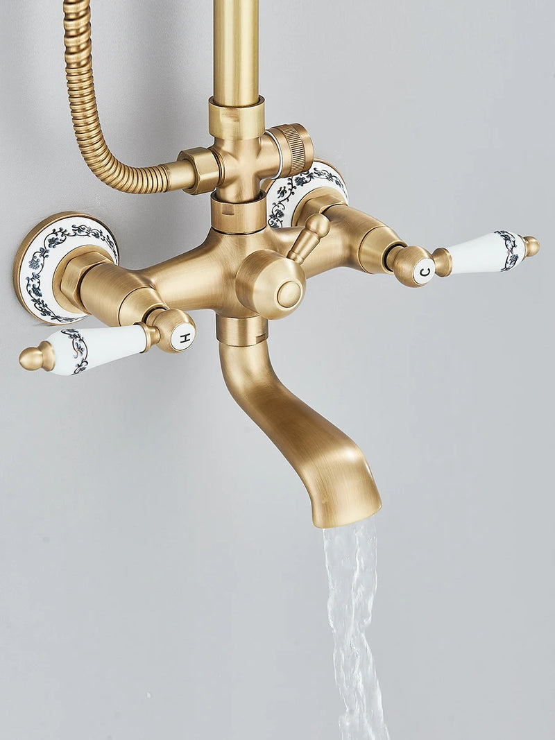 Retro Shower System Antique Brass Rainfall Shower With Handheld Shower Tub Spout For Bath Shower