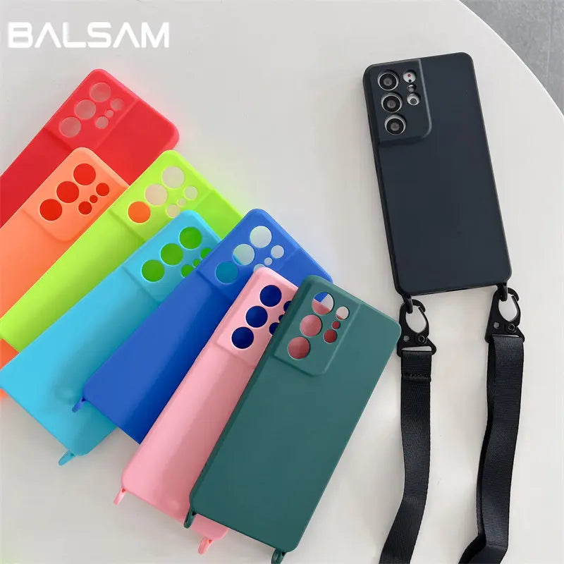 Crossbody Necklace Strap Lanyard Cord Soft Silicone Case For Samsung Galaxy S23 S22 S21 Plus Ultra S20 FE A52 Shockproof Cover