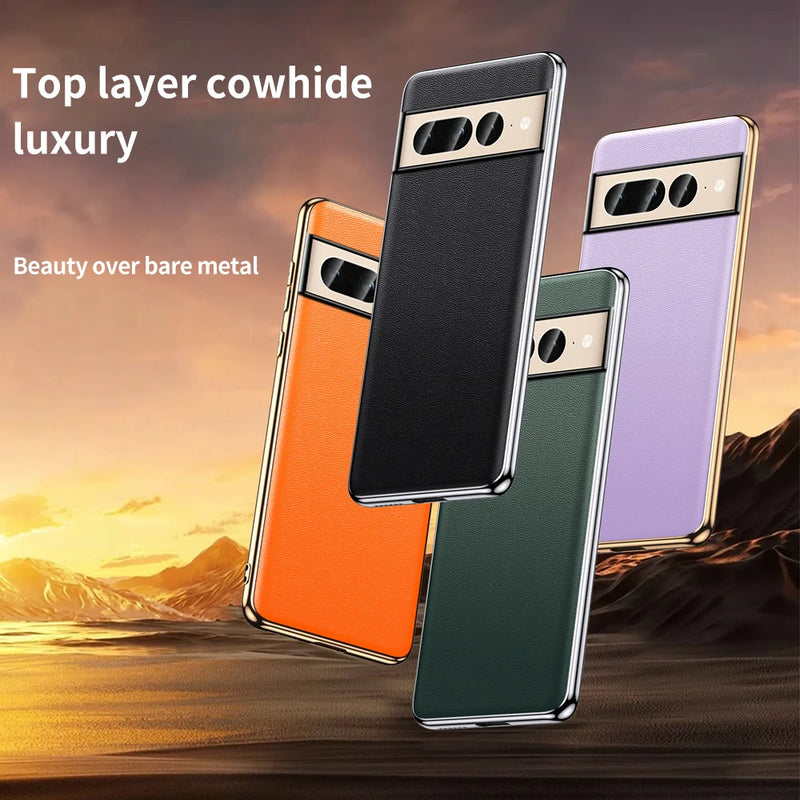 Phone Case for Google Pixel 8 7 6 Pro 7A 6A Luxury Genuine Cowhide Leather Plating Shockproof Full Protection Back Cover