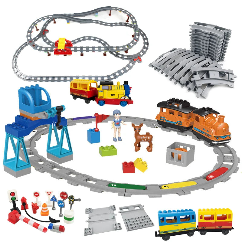 Big Size Building Blocks Train Railway Transport Set Track Parts Electric Locomotive DIY Assemble Interaction Toys For Children