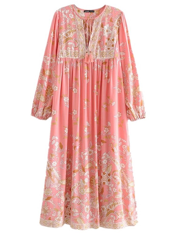 BOHO Lacing up V neck Location Pteris flower Print Long Dress Pink Ethnic WomanTassel Strappy Long Sleeve Holiday Dresses Beach