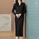 Pleated Dress Women's Long Sleeve Spring and Autumn 2023 New V-Neck Bottom Skirt Slim Fit Long Dress