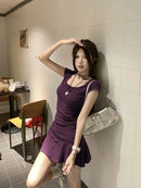 New Women Slim Temperament Purple Black Mini Dress Sexy Summer Knit Waist Skirt Spice Girls Dresses Bodycon Dress High Quality