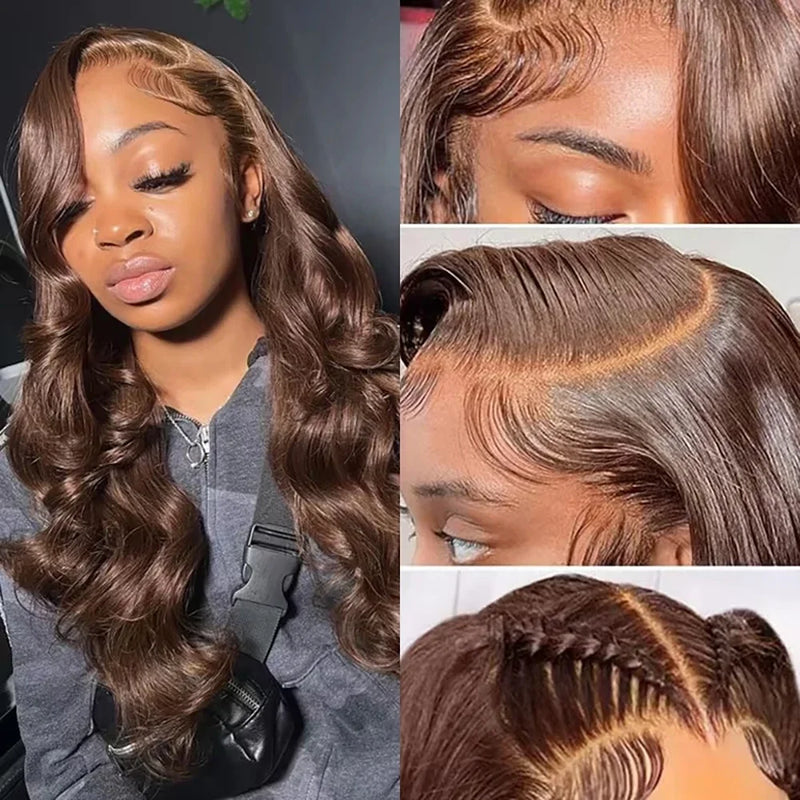 200 Density 13x4 HD Chocolate Brown Body Wave Lace Front Wig Human Hair Pre Plucked