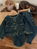 Spring and Autumn Girls' Denim Suit Baby Fashionable Children's Personalized Trendy Brand Korean Style Retro Denim Jacket Raw Ed