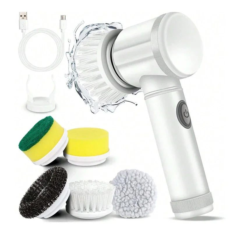 5 in 1 Electric Cleaning Brush Bathroom Kitchen Scrubber 5 Replaceable Brush Head Powerful Handheld Rechargeable Shower Scrubber