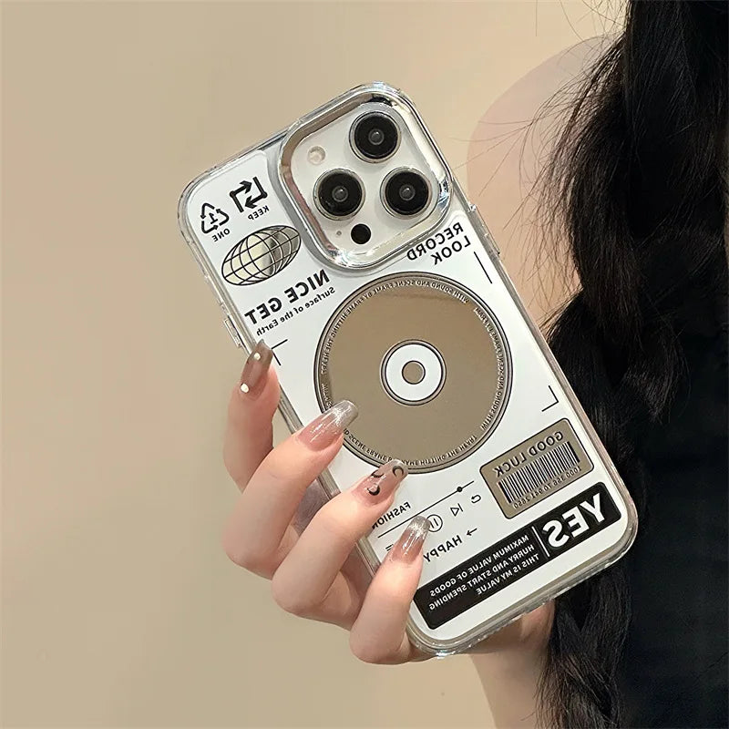 Creative English Quotes Mirror Music Record Disc Clear Phone Case For iPhone 14 13 12 11 15 Pro Max Plus XS Bar Code Back Cover