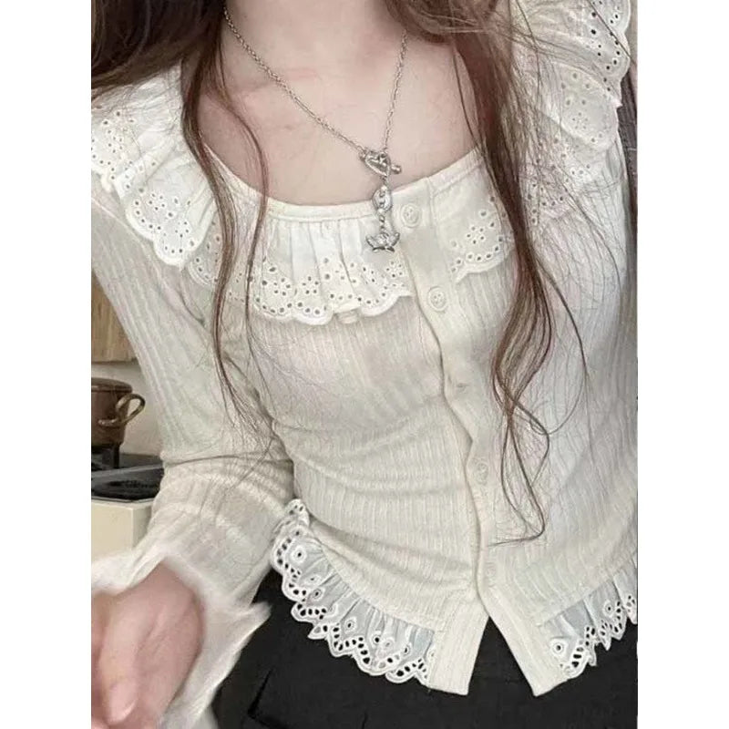 Deeptown Kawail Knitted Cardigan Lace Basic Slim Sweater Korean Fashion Women's Aesthetic Knitwear Spring Japanese Fashion Sweet