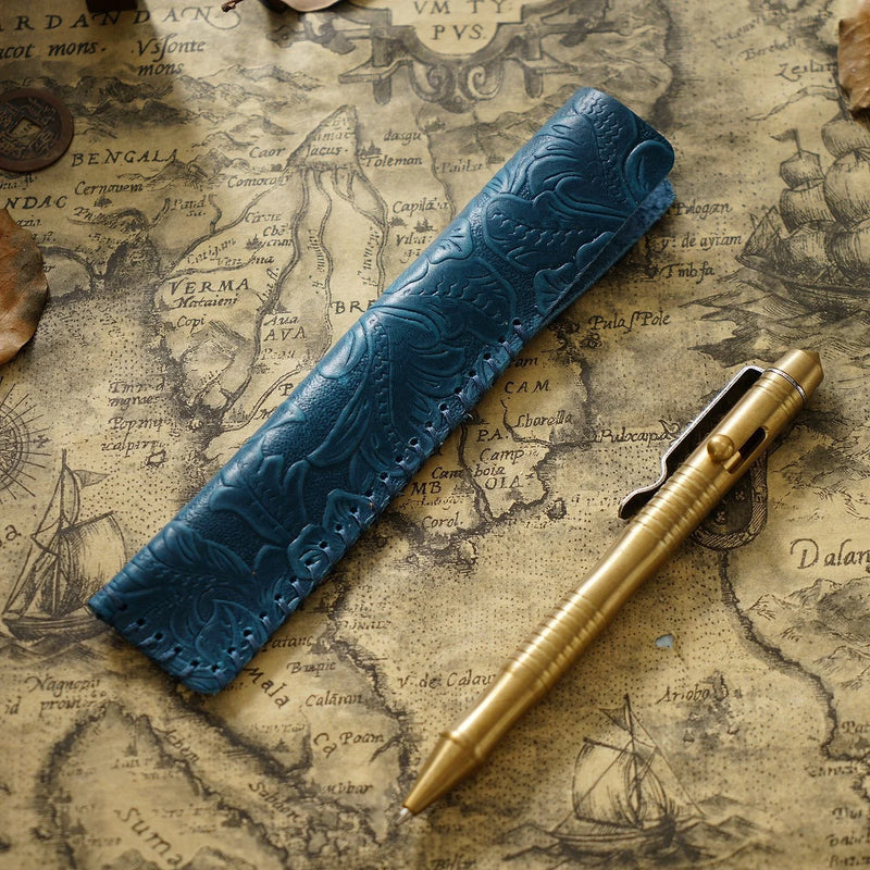 Genuine Leather Pencil Bag with Flower Embossed Leather Boy's and Girl's School Students Pen Holder Simple Retro Pencil Bag