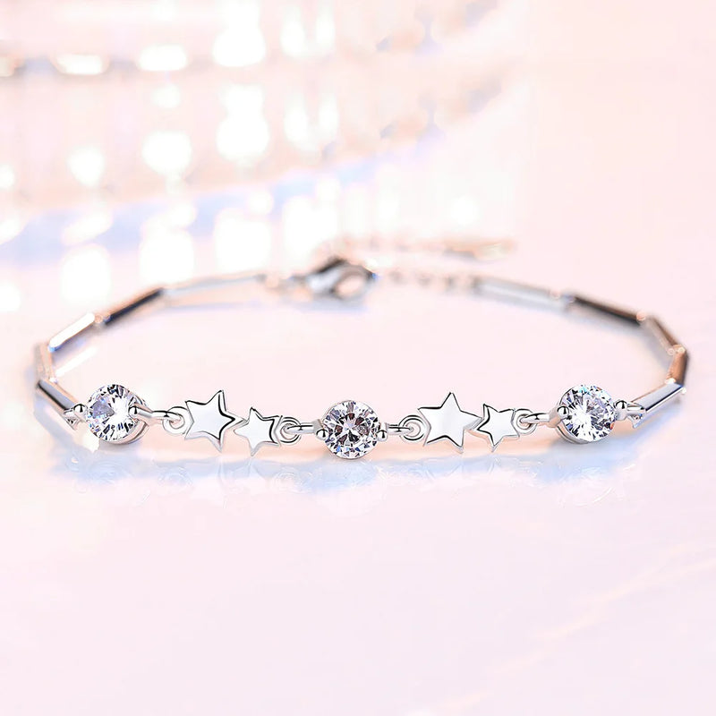 New arrive 925 Sterling Silver pretty Star Pink Crystal Bracelets for Women Fashion Jewelry Wedding Engagement Christmas Gifts