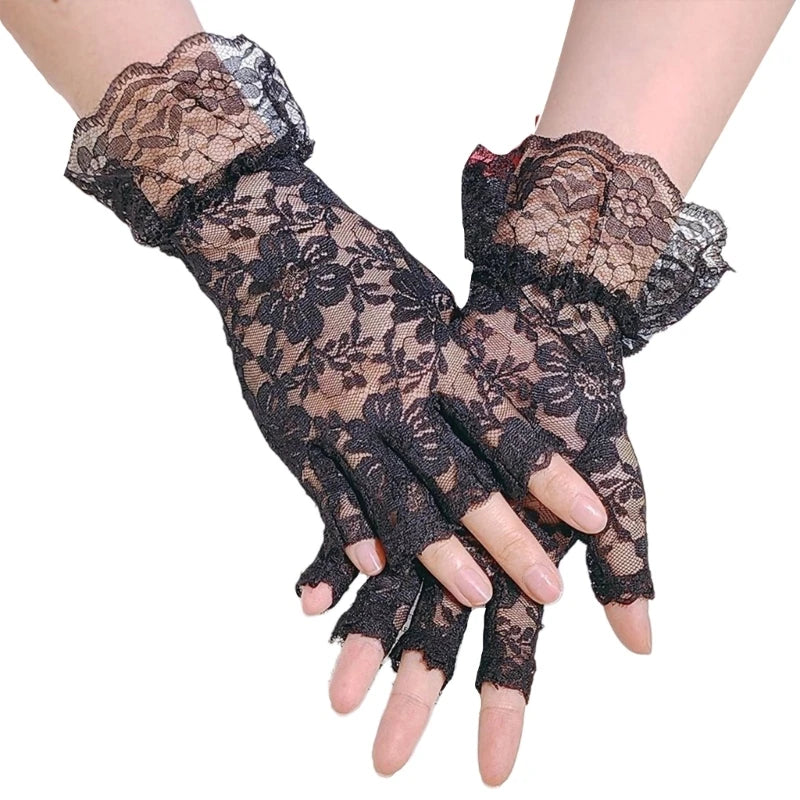 Sexy Elastic Lace Gloves with Floral Decor Summer Cycling Driving Hollow Out Fishnet Delicate Women Half Finger Gloves