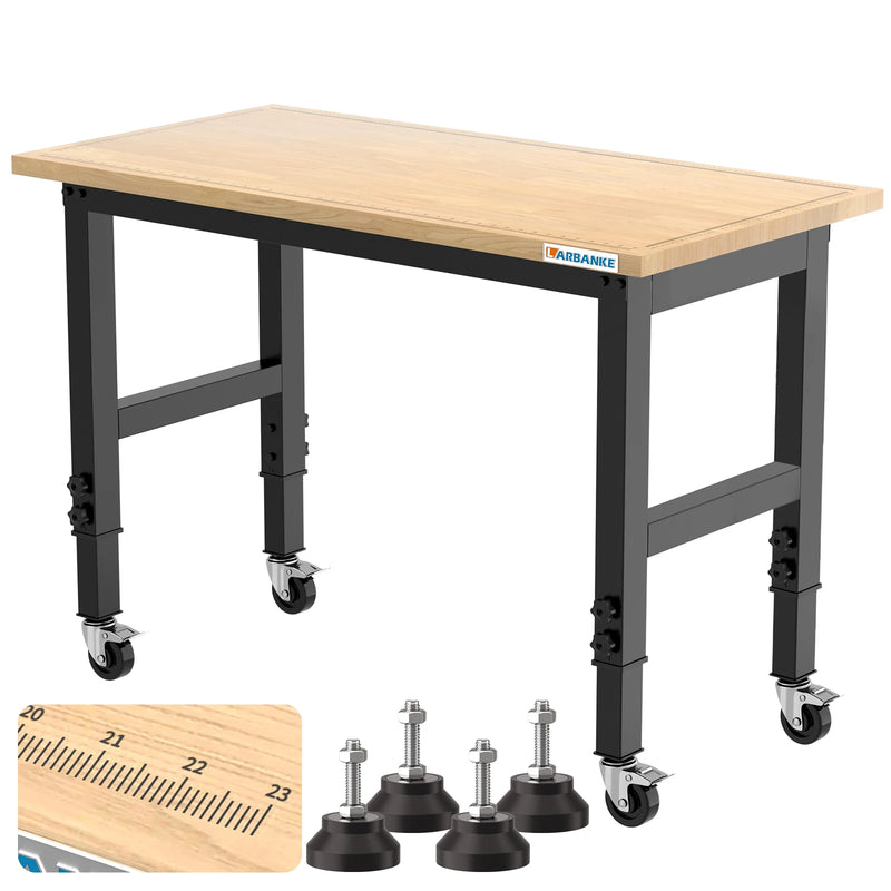 48" Heavy-Duty Adjustable Workbench with Brake Wheels,Hardwood Worktable Weight Capacity Over 2000 Lbs,Rubber Wood Workbench