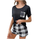 Zweiteiliger Damen-Pyjama, Rundhals-T-Shirt mit kurzen Ärmeln und karierten Shorts mit Schleife vorne, lässiges Homewear-Pyjama-Set