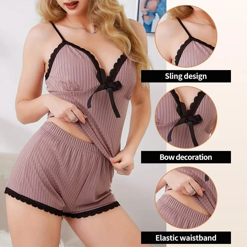 Summer Casual Women's New Comfortable Ribbed Fabric Pajama Set Women's V-Neck Bow Top and Shorts Pajama Set