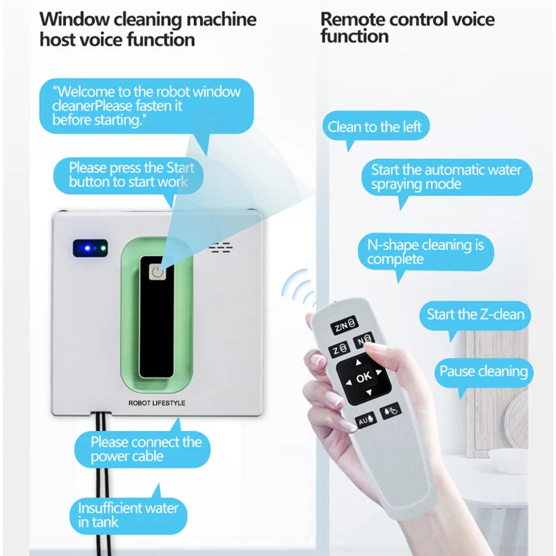 Electrical Window Cleaner Auto Spray Water 2 Tank App Remote Control Voice Assitance Glass Robot Washer Dry Wet Smart Home