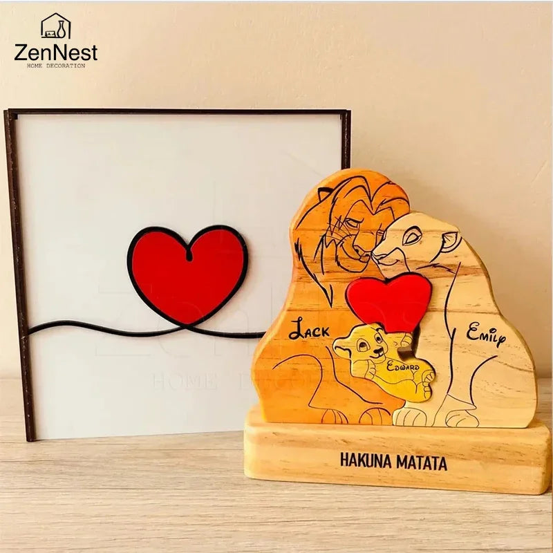 Art Wooden Family Puzzle Personalized Name Puzzle Wooden Lion Puzzle Home Decor Thanksgiving Christmas Warm Gifts for Kid Mother