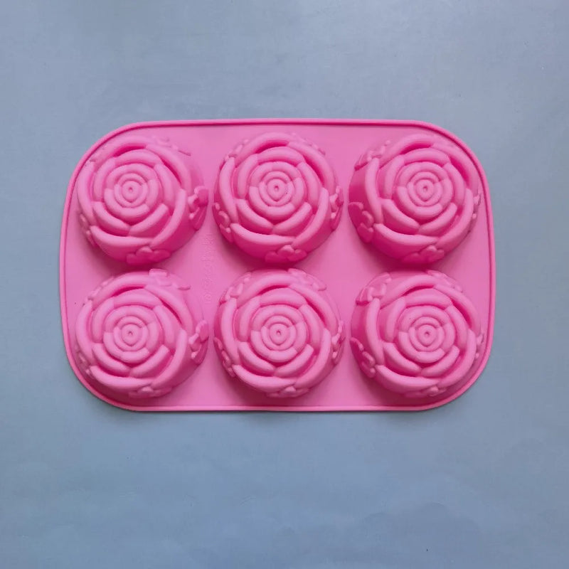 6 Holes Flower Rose Handmade Soap Candle Mold Silicone Cake Mold Bakeware Baking Dish Pan Muffin Mould Rose Ice Cube