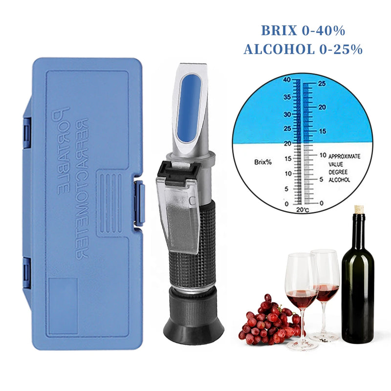 Handheld Alcohol Sugar Refractometer Tester Wine Concentration Meter Densitometer 0-25% Alcohol Beer 0-40% Brix Grapes