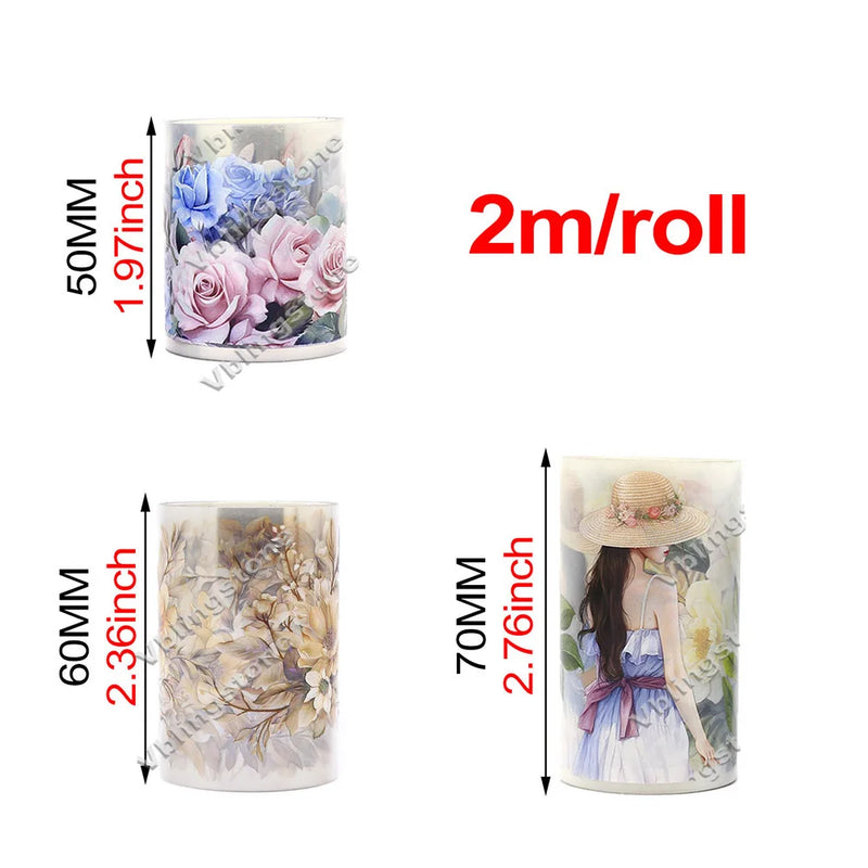 2M Blue Flower PET Washi Tapes Cute Girls Rose Transparent PET Masking Tape Decorative Diary Scrapbooking Sticker Aesthetic