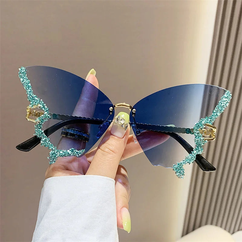 Luxury Diamond Butterfly Sunglasses Women Fashion Brand Y2k Vintage Rimless Oversized Sun Glasses Ladies Eyewear Gafas De Sol