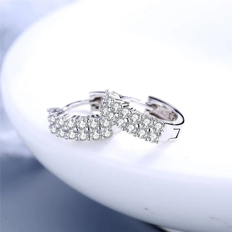 925 Sterling Silver Needle Earrings Fashion High Quality Jewelry Double Row Crystal Zircon Round Hoop Earrings