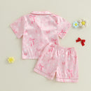 Girls Cute Floral Print Pajama Set with V-Neck Button Down Top and Matching Shorts for Summer Loungewear - 2 Piece Set