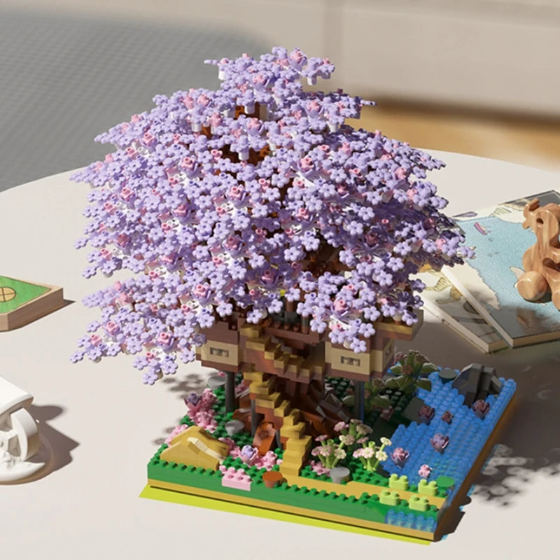 DIY Purple Romantic Cherry Blossom Flower Pink Tree House Train Assembly Building Blocks Classic Model Bricks Sets Kid